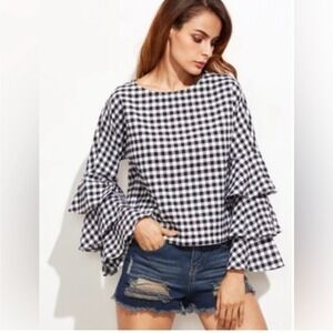 Zara Gingham Checkered Bell Sleeve Ruffle Blouse Top, Black/White, Size‎ XS